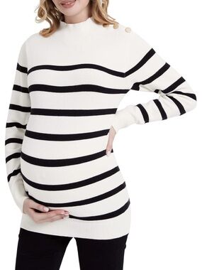 Striped Cowl-Neck Sweater with Shoulder Buttons - White & Black